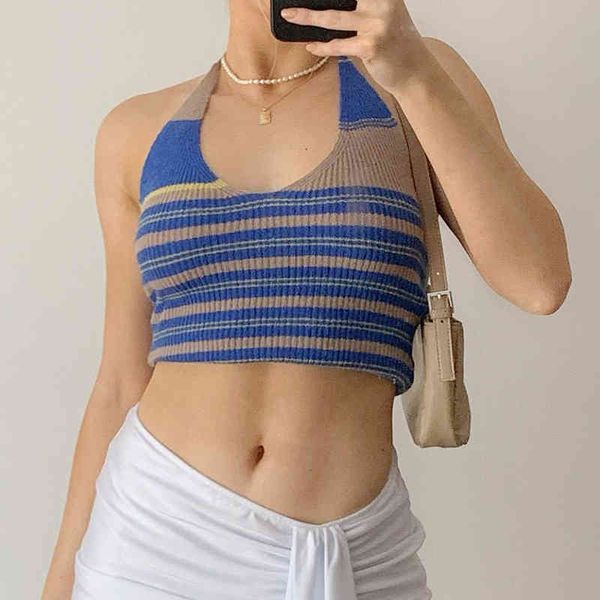 Chaveiro Ribbed Striped Y2K Halter Crop Tops para Meninas Moda Mulheres Verão Stretch Stretch sem mangas Camisa Casual Tee Feminino 210415