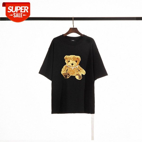 

streetwear men high street fashion heavy industry three-dimensional embroidered pearl necklace bear streamer short sleeve t-shirt #aj5r, White;black