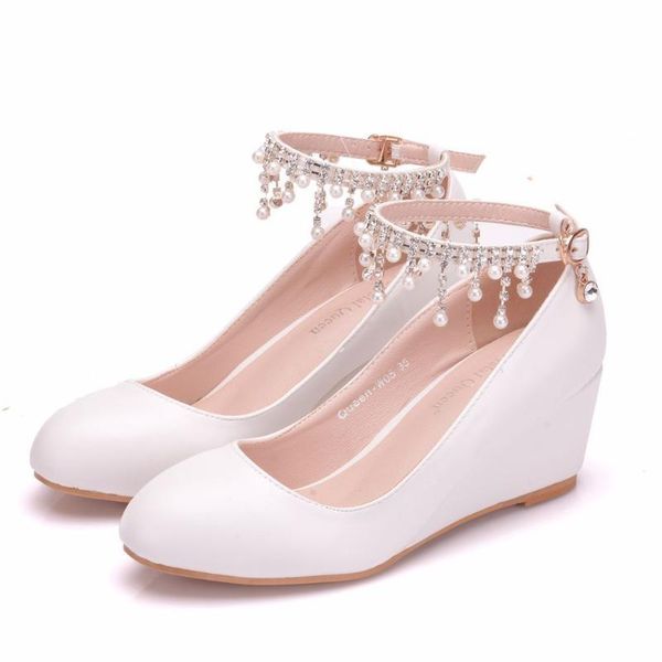 

5cm slope-heeled liushu water drill pearl high-heels shoes recreational shallow-mouth buckle round-ed wedding dress, Black