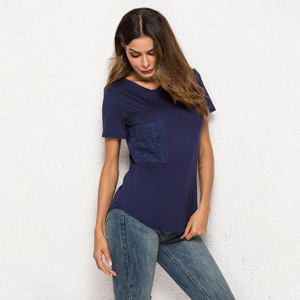 

women's t-shirt summer women t shirt lace casual short sleeve pockets v neck solid color loose slim regular, White