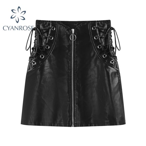 

a-line pu faux leather women's skirts zipper drawstring lace up female party club midi crop tide bodycon 210430, Black