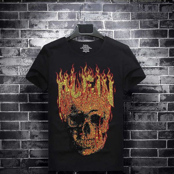 

modal cotton skull drill short sleeve t-shirt men's fashion brand net red half sleeve social spirit guy sympathizes with men's fas, White;black