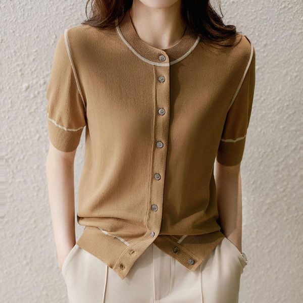 

women's knits & tees skin red apricot simple round collar short-sleeved crash colored trim thin knitted cardigan top, White