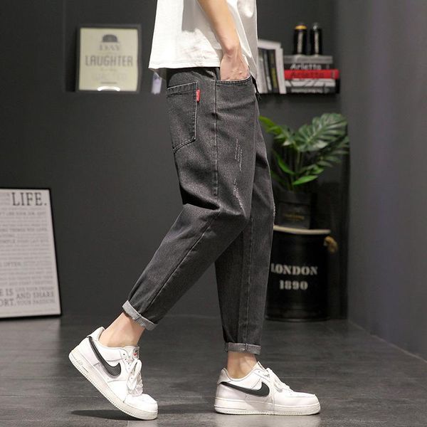 

men's jeans summer 2021 fashion solid color slim-fit youth pants small feet all-match elastic waist denim, Blue