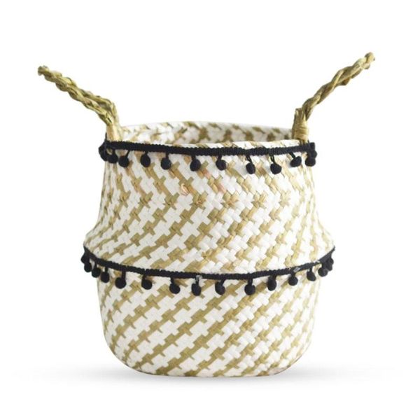 

storage baskets natural seaweed straw woven folding basket pot garden flower with binaural handles for clothes toy organizer