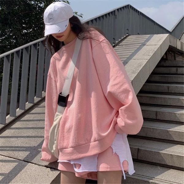 

women's tracksuits casual 2 pcs women set o neck long sleeve loose sweater + high waist elastic wide leg shorts bf oversized wild sport, Gray