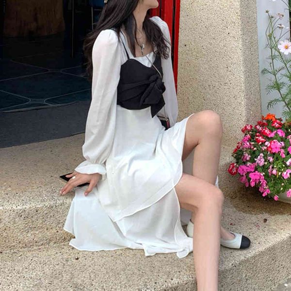 

dresses square collar elegant y2k women long sleeve slim white office lady one piece dress korea bow design 2021 summer chic, Black;gray