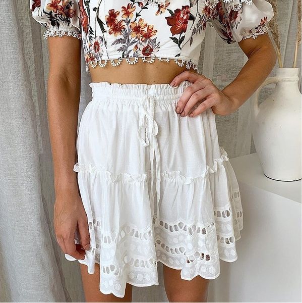 

fashion summer women cotton embroidery loose ruffle white casual a-line high waist hollow out belt beach skirt, Black
