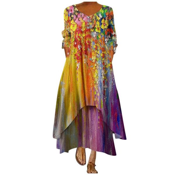 

casual dresses women plus size print loose long maxi dress oversize bohemian summer beach, Black;gray