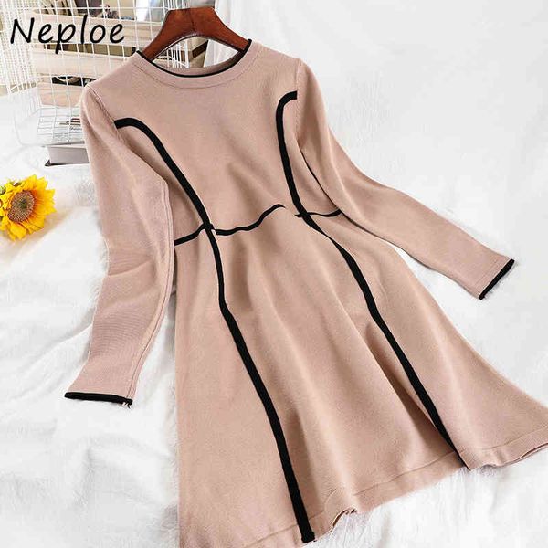 

neploe hit coloe patchwork striped knit sweater dress women high waist hip a line long vestidos o neck long sleeve robe spring 210423, Black;gray