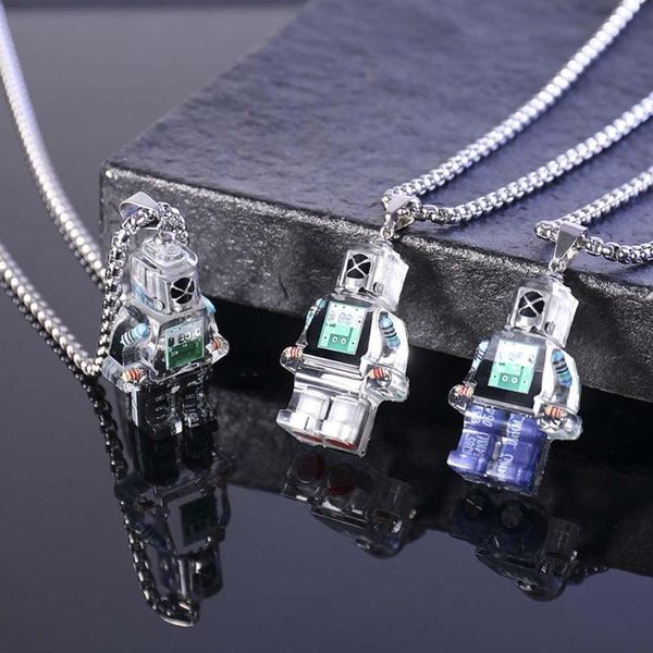 

chains hip hop punk transparent resin electronic robot pendant metal sweater chain necklace for men women jewelry accessories, Silver