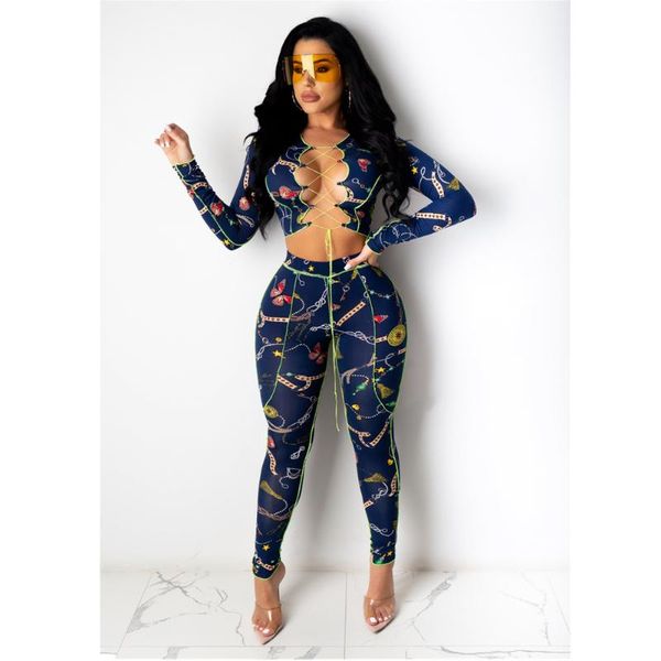 

women's two piece pants 2021 autumn fashion casual personality strap nightclub hollow out long sleeves slim set, White