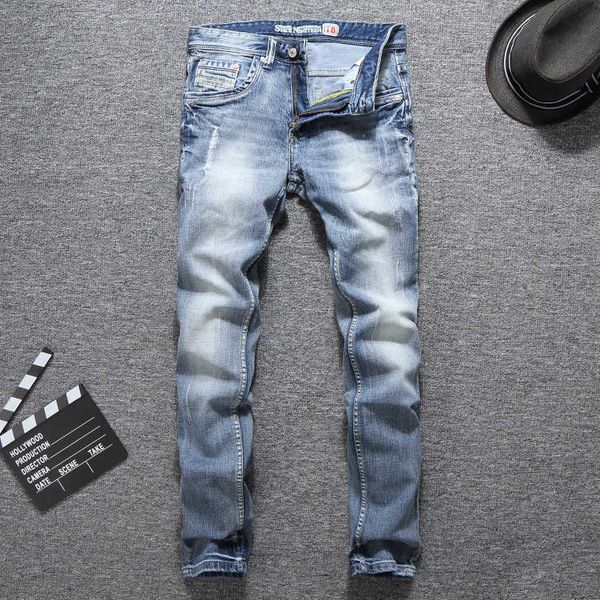 

men's jeans italian vintage fashion light blue slim fit elastic ripped men pants streetwear designer hip hop homme uz6e 26ws