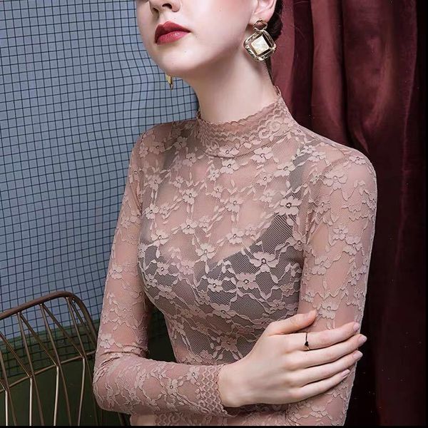 

fashion women shirt lace blouse see through long sleeve mesh blouses plus size spring summer elastic skinny, White