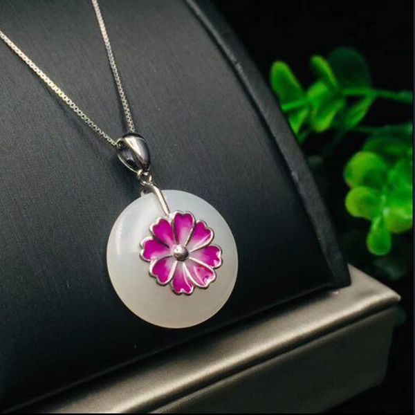 

natural white jade pendant with 925 silver necklace, Black;brown