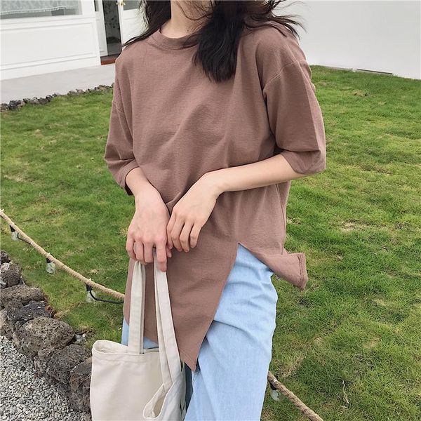 

women's t-shirt 100% cotton solid split women fashion simple loose woman casual slimming short-sleeved tees ladies summer 2021, White