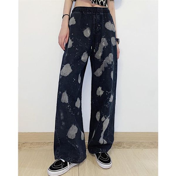 

high street retro made old splash ink jeans fashion brand pants bf style men's and women's straight tube wide leg jean, Blue