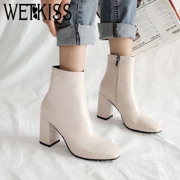 

boots wetkiss pu women ankle booties female high heels thick shoes ladies square toe winter 2021 plus size 451, Black