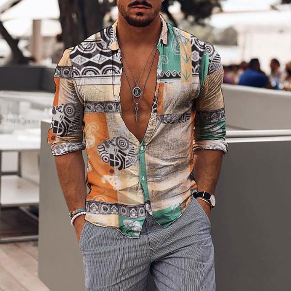 

men's casual shirts spring autumn long sleeve turn-down collar men's buttoned fashion streetwear vintage print slim shirt for men, White;black