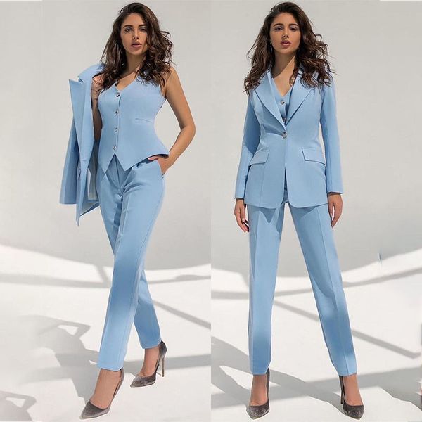 Moda Azul Claro Feminino Ternos Vestidos de Baile Três Peças Senhoras Blazer Plus Size Escritório Smoking Formal Vestuário de Trabalho Para a Noite