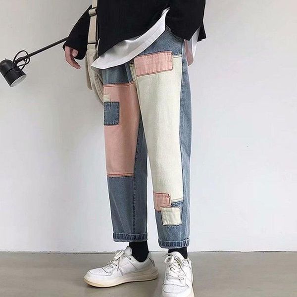 

men's jeans men patchwork ins ankle-length leisure elastic waist plus size 3xl loose teens chic streetwear hip-hop lb5h, Blue