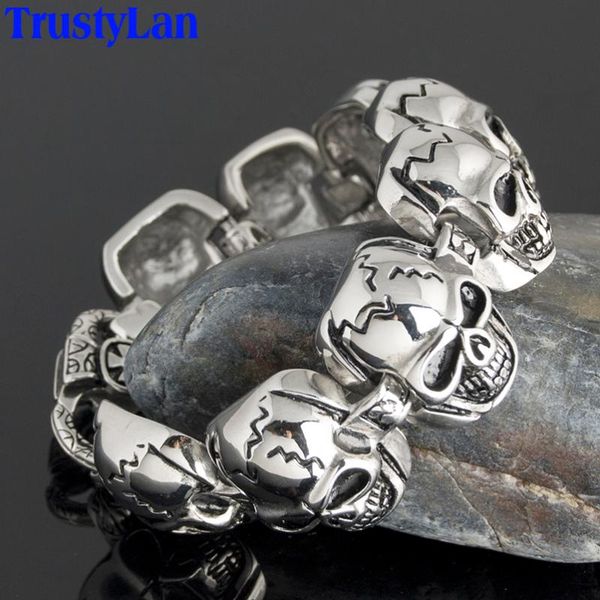 

trustylan punk rocker mens skull bracelet shiny silver color 316l stainless steel biker for men jewelry armband link, chain, Black