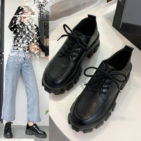 

dress shoes women's black platform shoes, vintage college style leather (height 5cm 1.97inches, round toe, lace-up, patent leather)