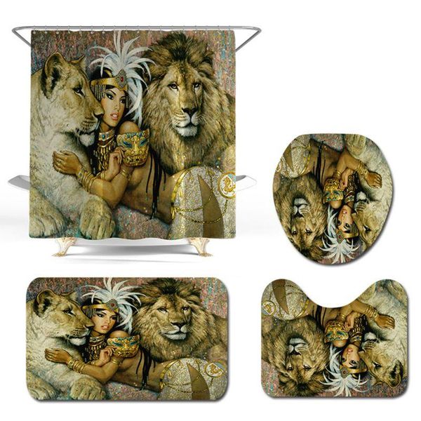 

bath mats animals lion girl shower curtain sets with non-slip rugs,toilet lid cover