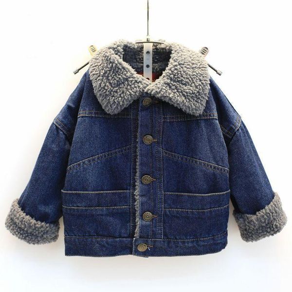 

winter kids boy's denim jacket warm with fleece coat, Blue;gray