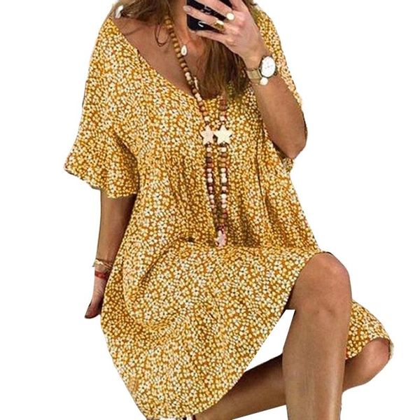 

women printed sundress vintage summer short sleeve bohemian beach midi dress femme plus size vestido casual loose 2021 dresses, Black;gray