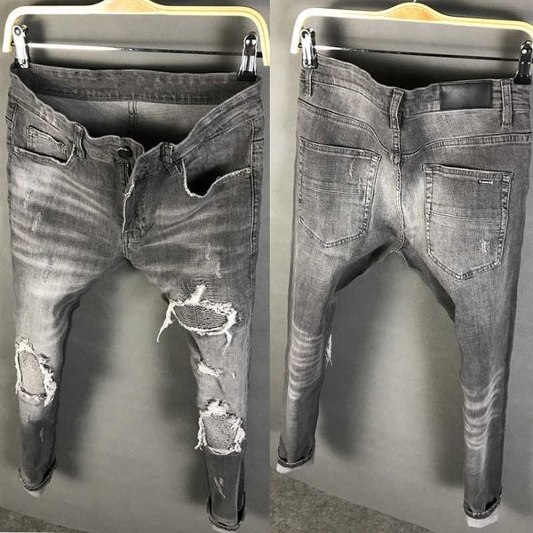 

men's jeans american street style fashion retro gray elastic slim fit ripped patches designer hip hop denim punk pants 3m9e, Blue