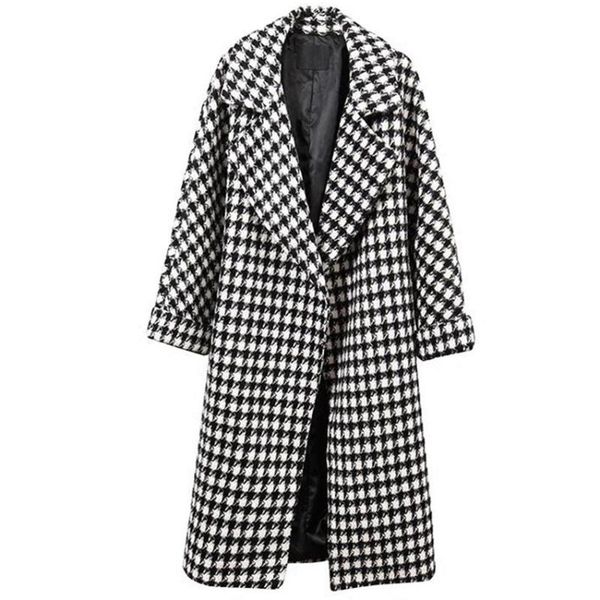 

women's wool & blends 2021 plaid winter coat women thick warm black white casual long turn-down collar loose soft
