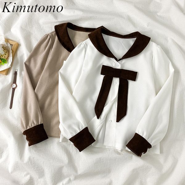 

kimutomo sweet bow patchwork blouse spring ins style lady long sleeve single breasted v-neck shirt all-matching loose 210521, White