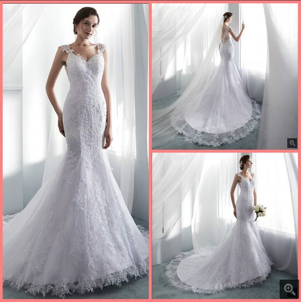 

latest style white tulle mermaid wedding dress sleeveless lace appliques beaded court train bridal gowns illusion back fashion v neck bride