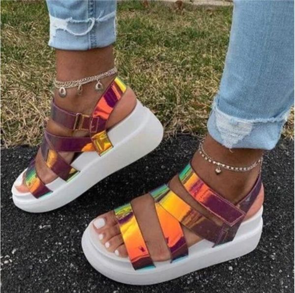 

women thick bottom wedge heel sandals ladies casual comfy reflective platform shoes summer beach #3, Black