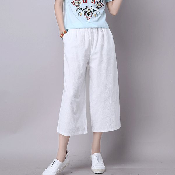 

6 colours of linen cotton baggy legs casual summer pants cut elastic waist women's capris clothes, Black;white