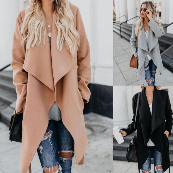 

european and american women's autumn winter solid color all-match windbreaker coat jacket trench coats, Tan;black