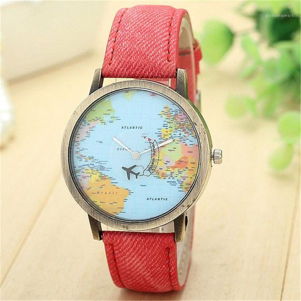 

wristwatches fashion global travel by plane map men women watches casual denim quartz watch sports for relogio feminino, Slivery;brown