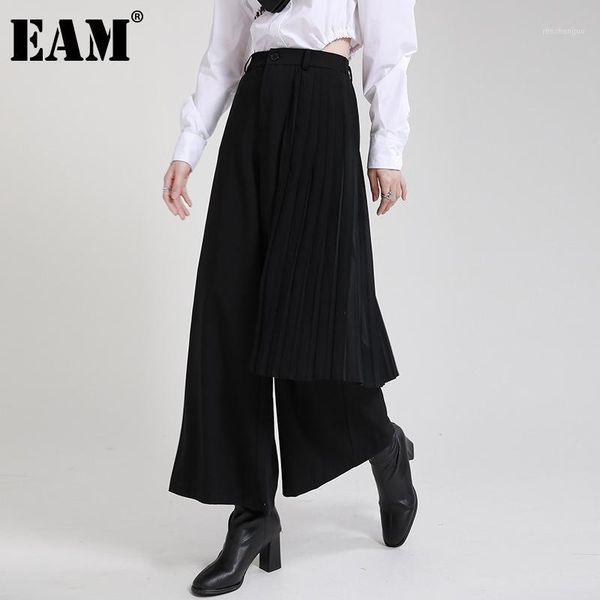 

women's pants & capris [eam] high elastic waist black pleated long wide leg trousers loose fit women fashion tide spring autumn 2021 1d, Black;white