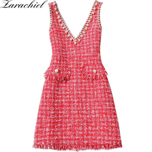 

year brand clothing spring tweed wool women sleeveless v neck beaded pearl tassel christmas red plaid vest dress 210416, Black;gray