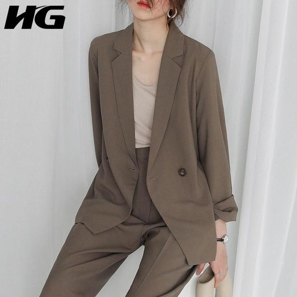 

women's suits & blazers [hg] korea fashiion women winter spring double breasted solid color full sleeve notched collar loose casual bla, White;black