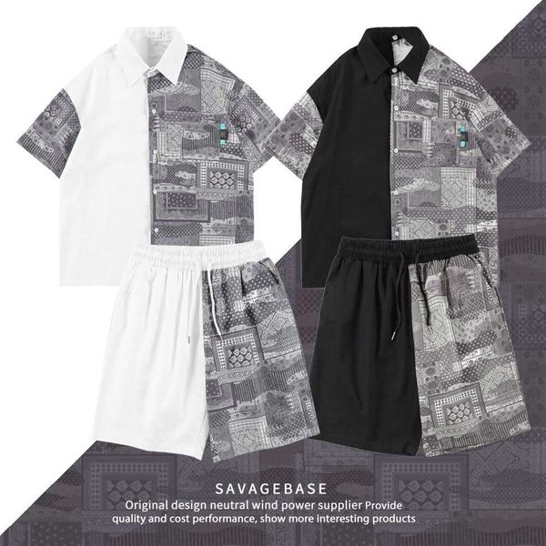 

summer hong kong style printed men's two piece loose t shirts fashion, White;black