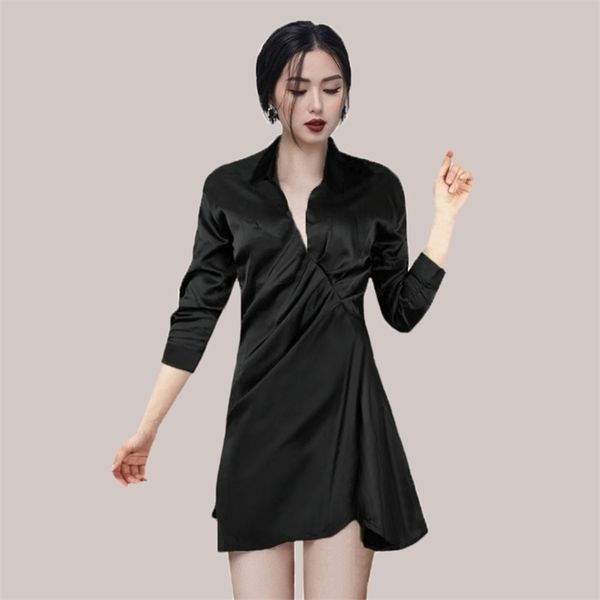 Abito camicia donna autunno manica lunga scollo a V irregolare corea lino ufficio sexy club mini abiti 210602