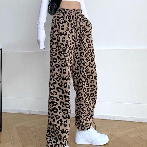 

korean fashion leopard print high waisted wide leg pant street style trousers women summer elastic waist women's pants harajuku & capri, Black;white