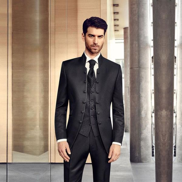 

men's suits & blazers black tunic groom tuxedos for wedding retro slim fit men with stand collar double breasted 3 piece set jacket pan, White;black