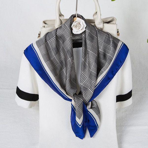

scarves women's satin silk square scarf fashion houndstooth plaid print handkerchief designer brand small bandana for ladies, Blue;gray