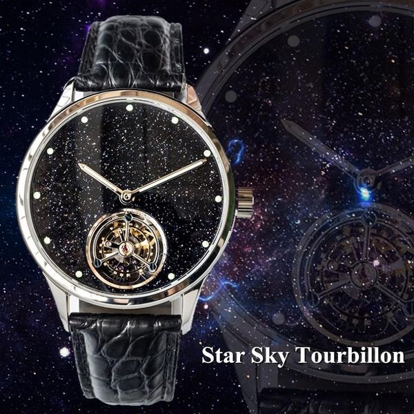 

wristwatches luxury star sky tourbillon watch men real st8230 seagull movement super luminous hands mens mechanical watches sapphire dia, Slivery;brown