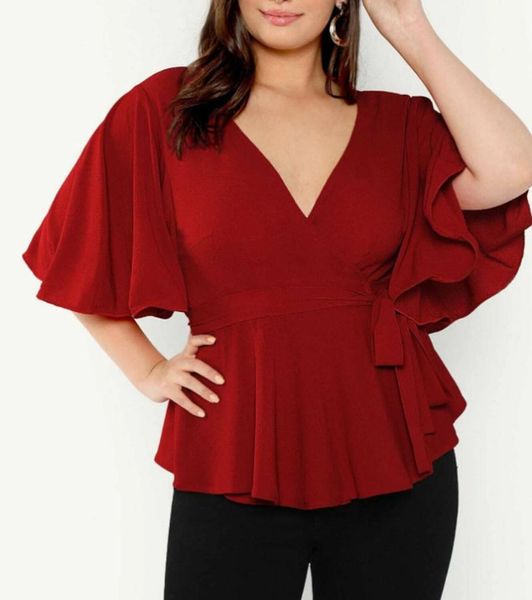 

women's blouses & shirts 2021 fashion women summer blouse solid v neck flare sleeve high waist casual shirt plus size ladies tunic, White