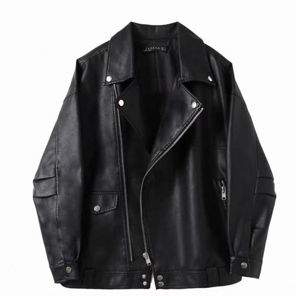 

women's leather & faux weihaobang 2021 autumn winter women motorcycle coat solid lapel zipper loose pu jacket long sleeve, Black