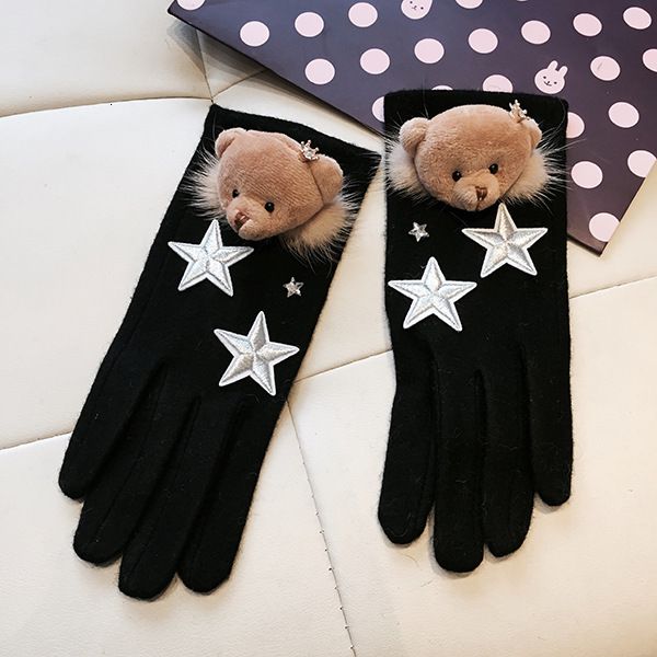 

gloves korean female cashmere crown bear mink star warm cycling split finger all, Blue;gray